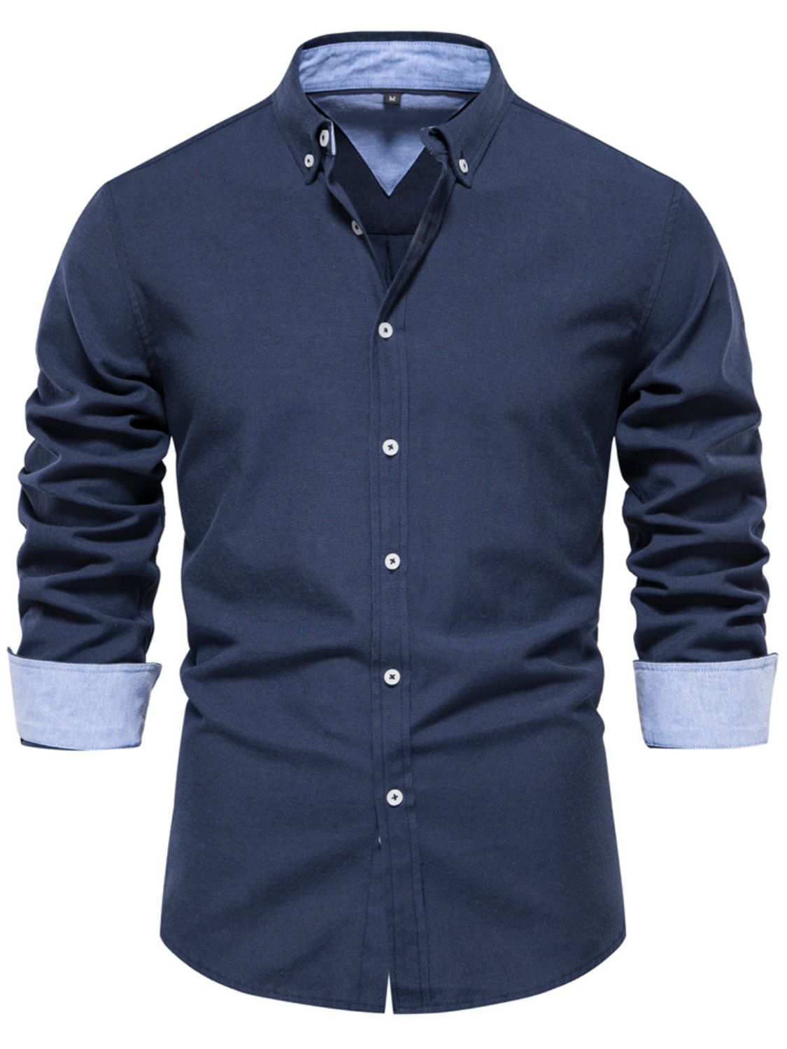 Button-down shirt with a collar and button-up front.