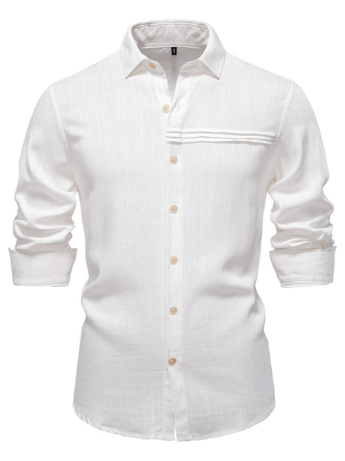 Button-down shirt with a collar, long sleeves, and a chest pocket.