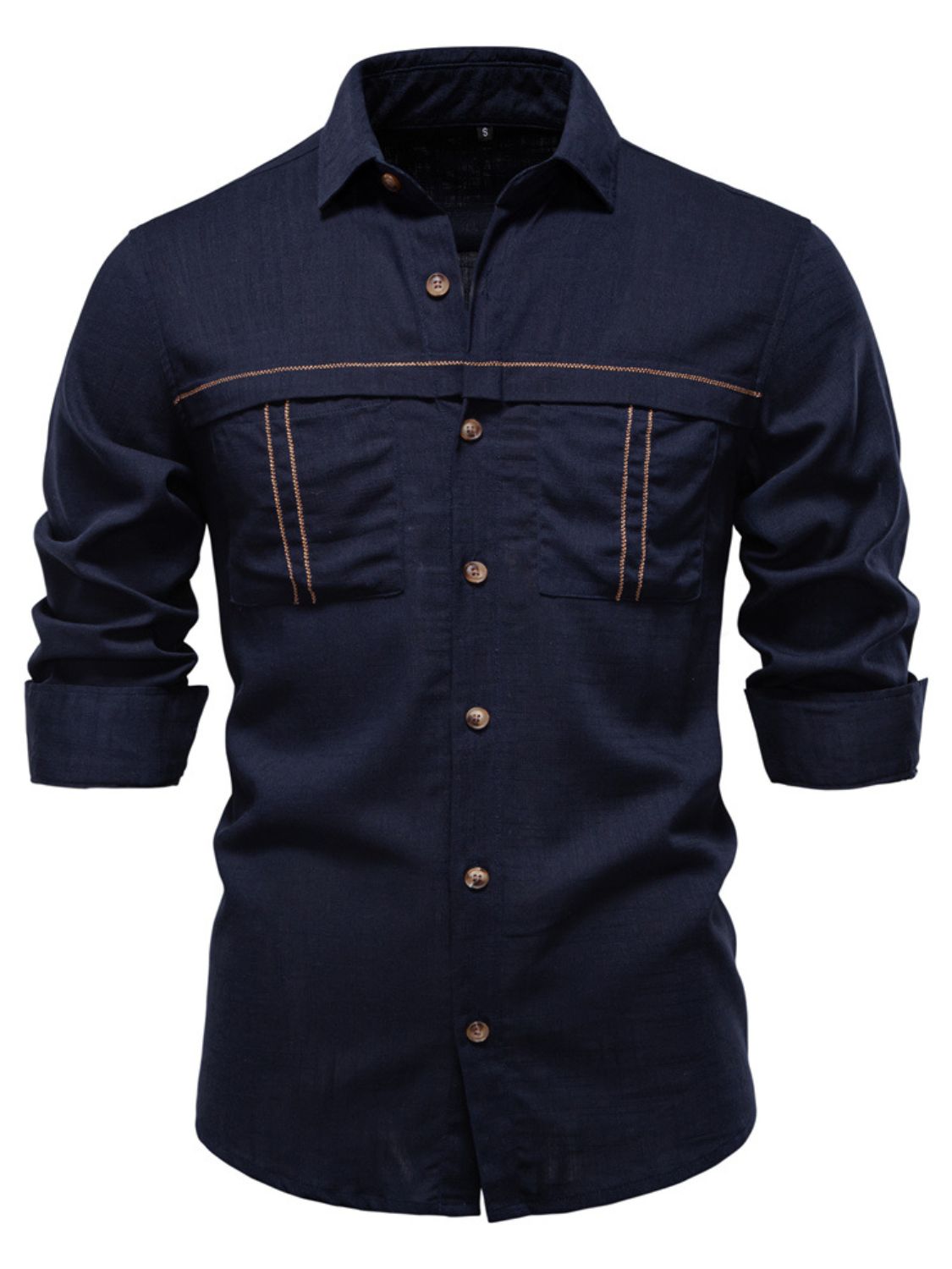 Long-sleeved button-down shirt with a collar and chest pockets.