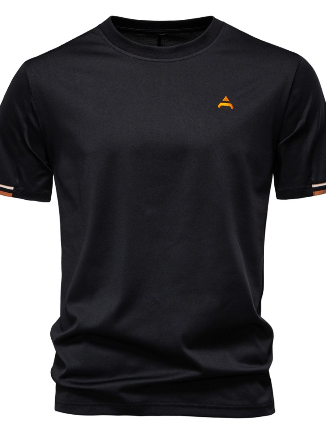 A black round neck t-shirt with embroidered details on the chest area, suitable for casual wear.