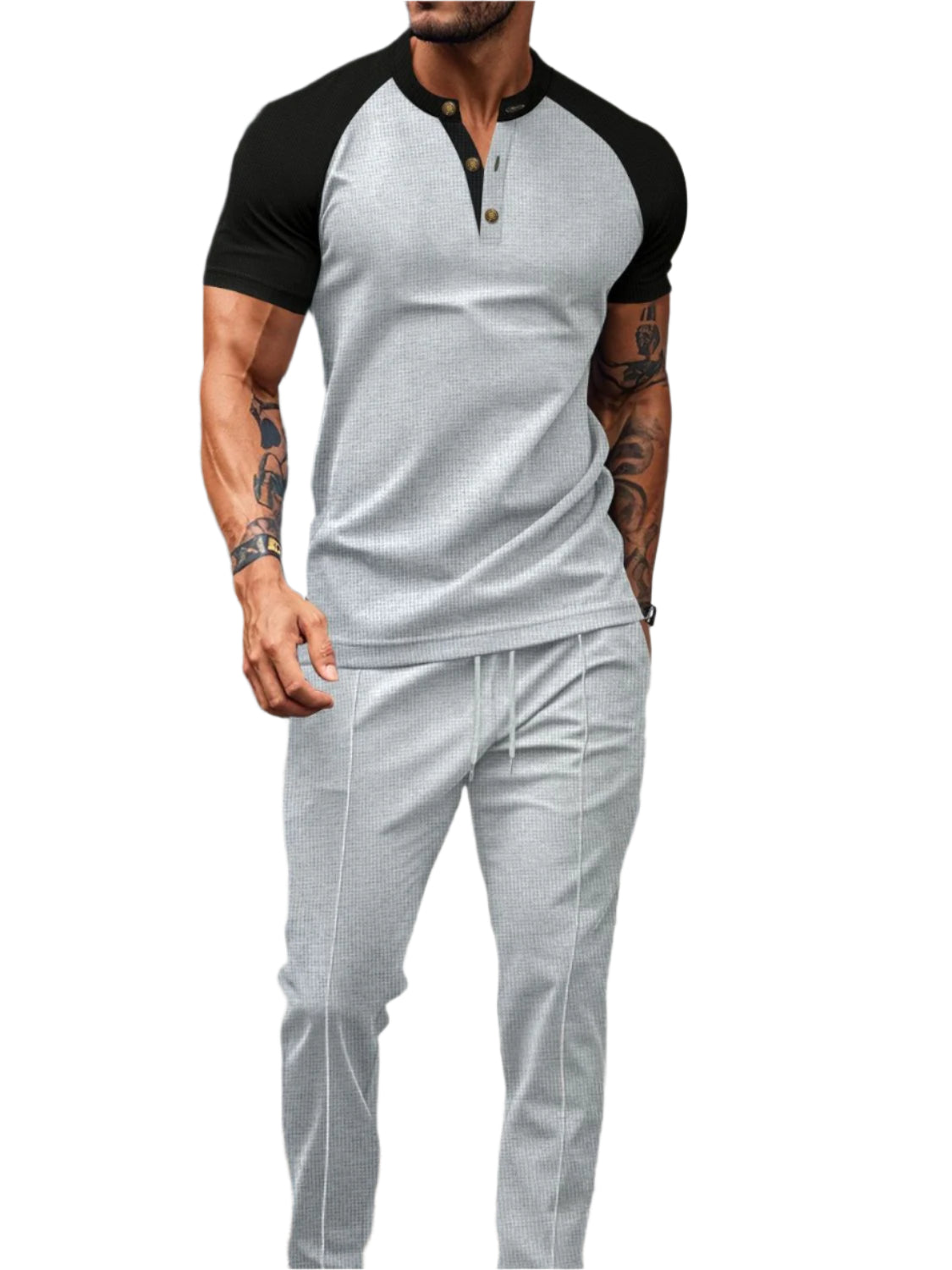 Waffle-Knit Contrast Top and Drawstring Pants