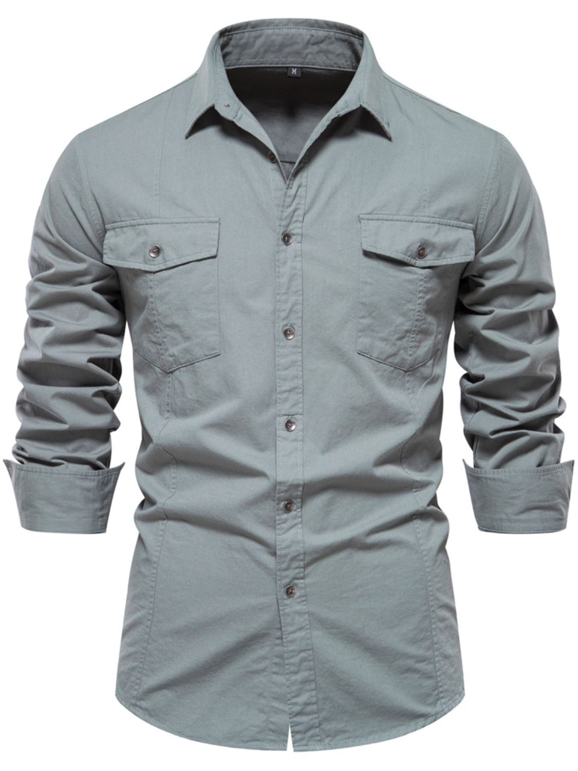 A button-down collared neck shirt, with front pockets and a long sleeve design.