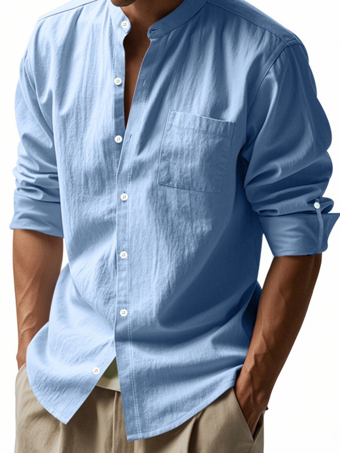 Button-down long-sleeve shirt with mandarin collar.