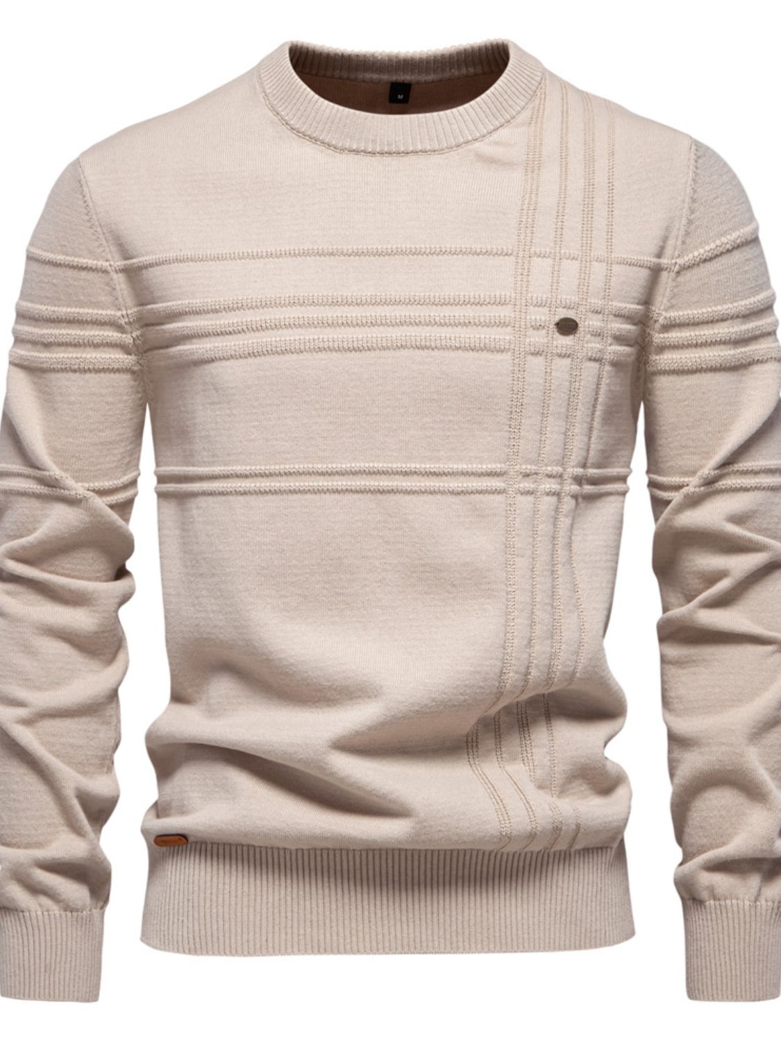 A beige round neck striped sweater with moderate stretch, featuring a basic style made from a blend of 95% cotton and 5% elastane.