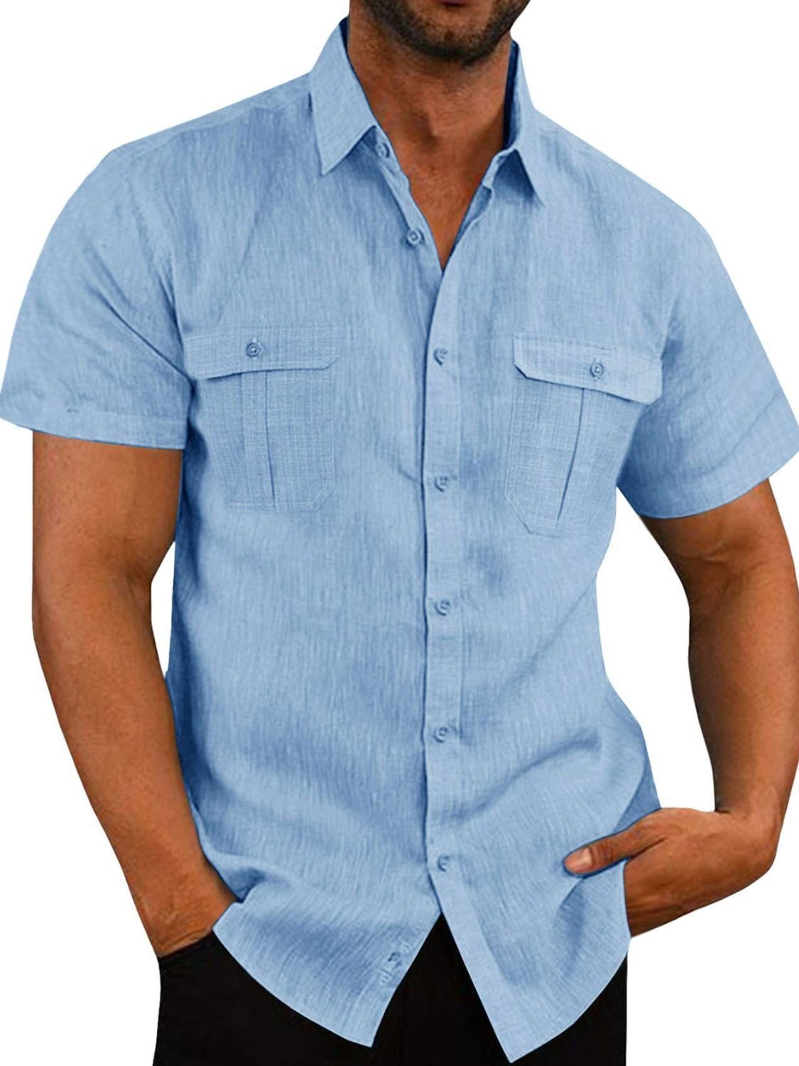  A short-sleeve button-down shirt with a collar and front pocket.