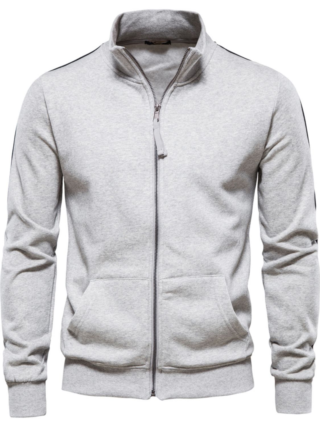 Zip-up long sleeve sweatshirt with a round neckline and front pockets.